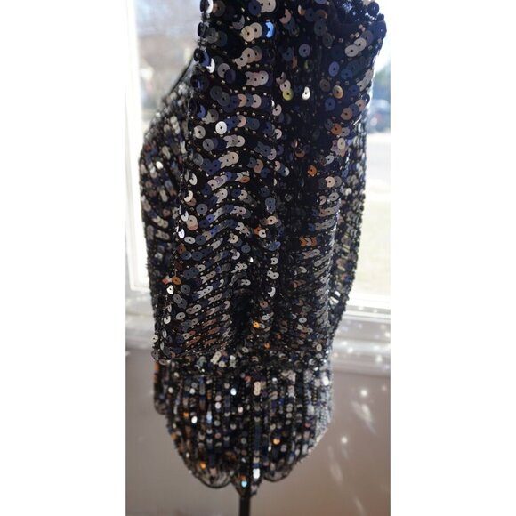 Prima Black Sequin Long Sleeve V-Neck Top With Scalloped Hem - Size M - Picture 4 of 8